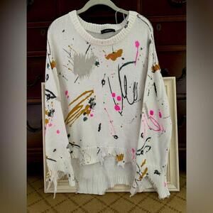 Zara Knit white crew neck distressed sweater with colorful splatter details M
